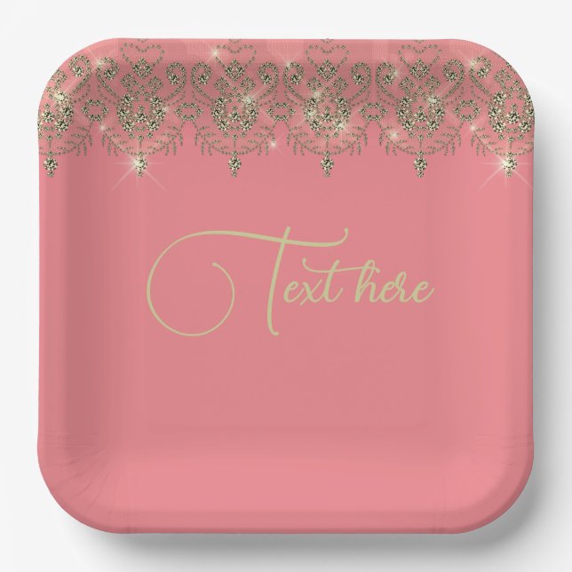 Pink peach gold lace elegant sparkle  paper plate (Front)