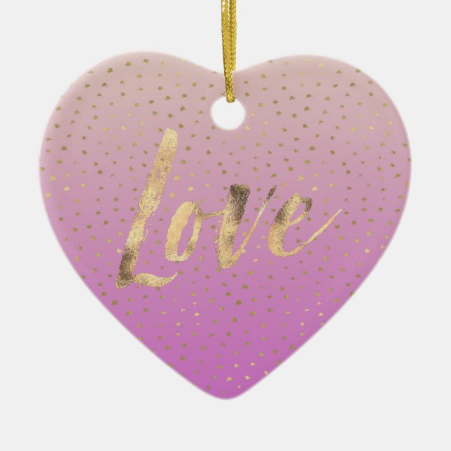 Pink Peach Gold Ombre Confetti Dots Ceramic Ornament (Front)