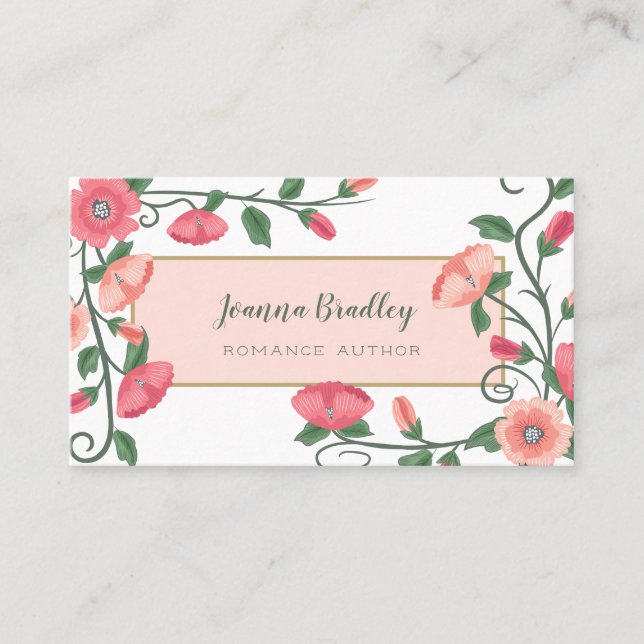 Pink Peach Green Flower Vines Business Card (Front)