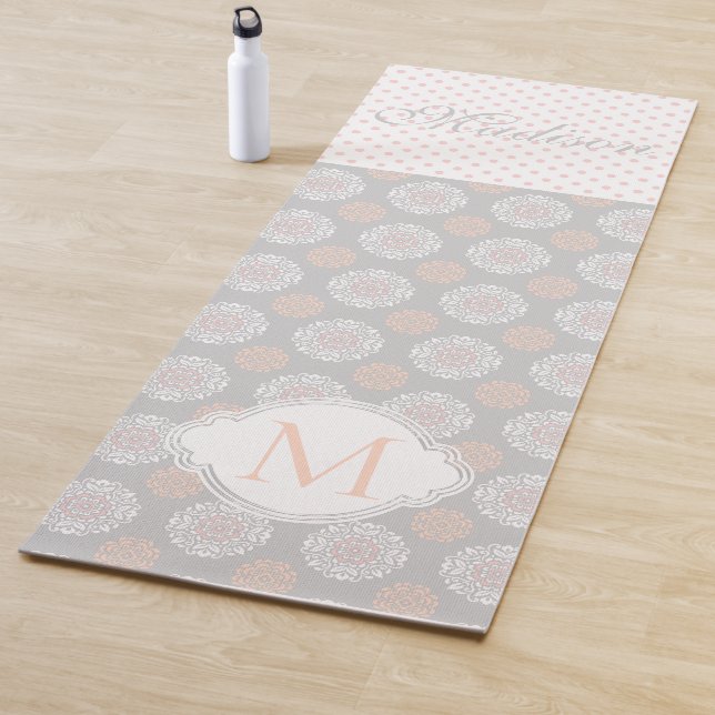 Pink Peach Grey Dots Trendy Monogram Yoga Mat (In Situ)