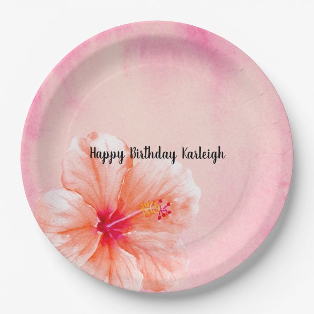 Pink Peach Hibiscus Flower Paper Plate (Front)