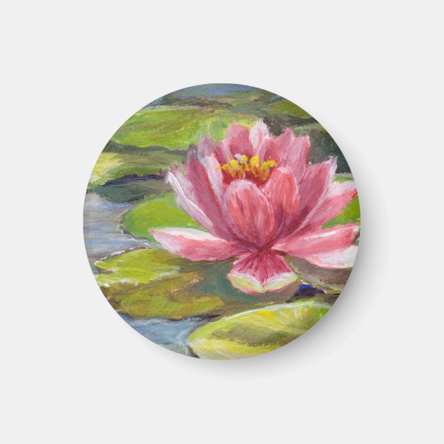 Pink-Peach Lily on Yellow-Green Pads Fridge Magnet (Front)