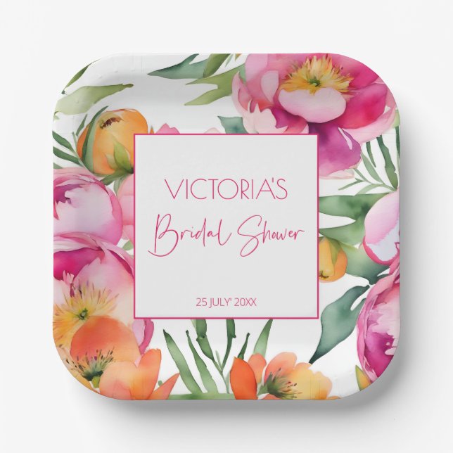 Pink peach orange peonies elegant bridal shower paper plate (Front)