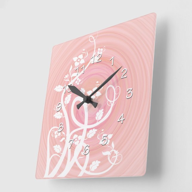 Pink & Peach Pastel Spirals, Filigree & Flowers Square Wall Clock (Angle)