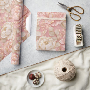 Pink Peach Peonies Floral Gold Elegant Wrapping Paper