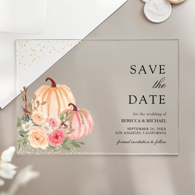Pink Peach Pumpkin Floral Wedding Save the Date Acrylic Invitations (Creator Uploaded)