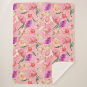 Pink Peach Purple Garden Floral Sherpa Blanket