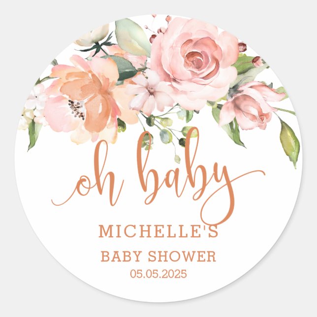 Pink peach roses Baby Shower Classic Round Sticker (Front)