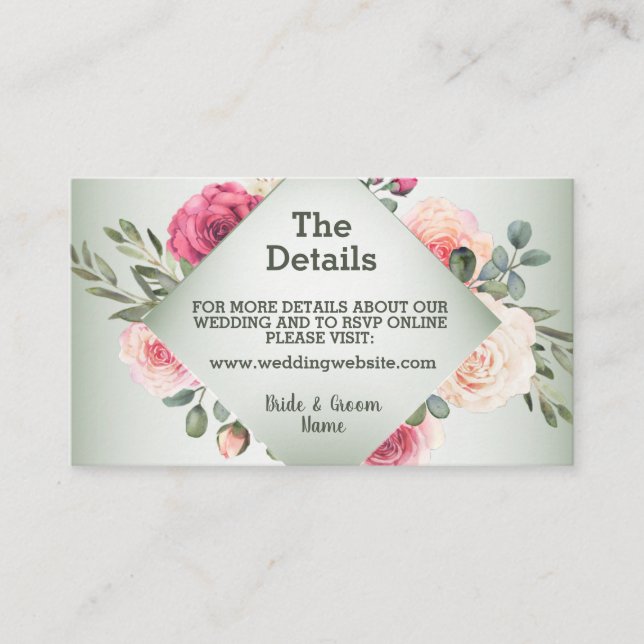 Pink Peach Roses Rustic Green Geometric Detail Enclosure Card (Front)