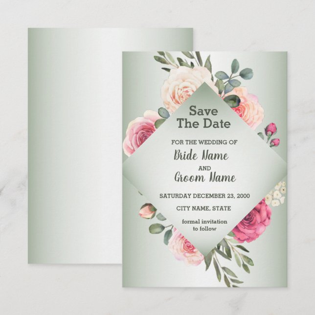 Pink Peach Roses Rustic Green Geometric Save The Date (Front/Back)
