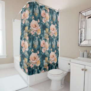 Pink Peach Roses Teal Maximalist Floral