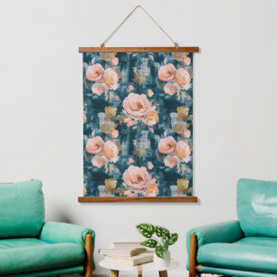 Pink Peach Roses Teal Maximalist Floral Hanging Tapestry