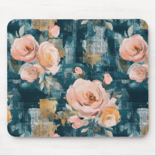Pink Peach Roses Teal Maximalist Floral Mouse Pad