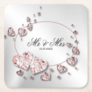 Pink Peach Shiny Hearts Geometric Elegant Square Paper Coaster