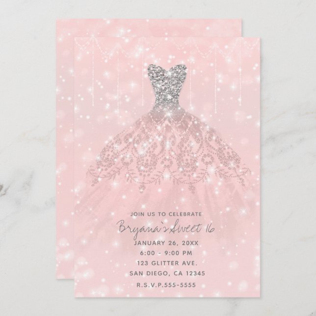 Pink Peach Silver Glitter Sparkle Dress Sweet 16 Invitation (Front/Back)
