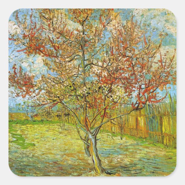 Pink Peach Tree in Blossom by Vincent van Gogh Square Sticker (Front)