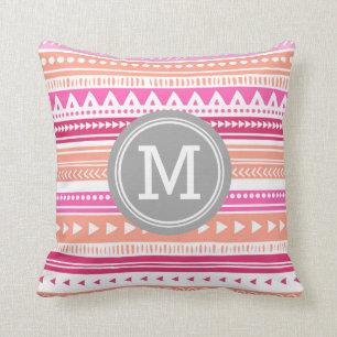 Pink Peach Tribal Monogram Decorative Pillow