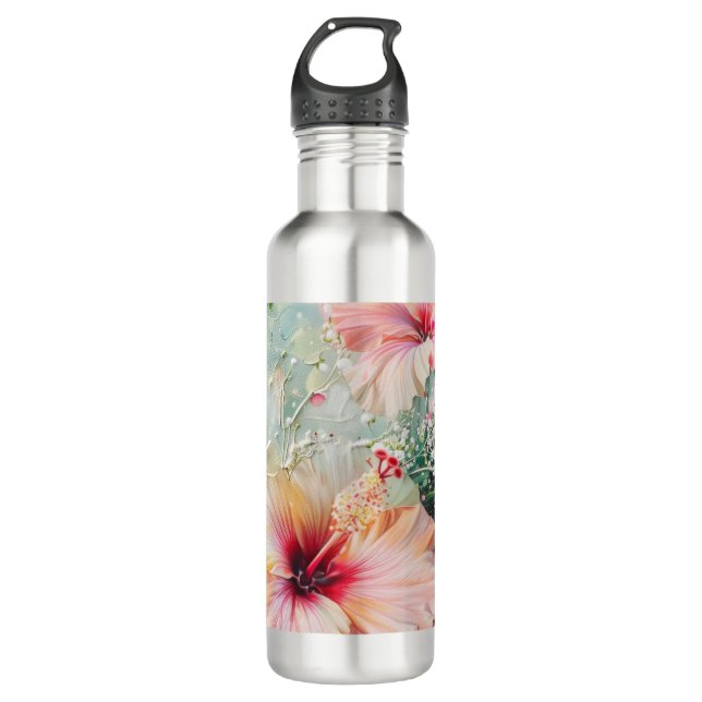 Pink Peach Tropical Hibiscus Floral Birthday 710 Ml Water Bottle (Front)