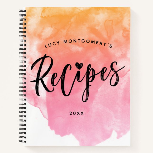 Pink & Peach Watercolor Brush Script Recipe Notebook (Front)