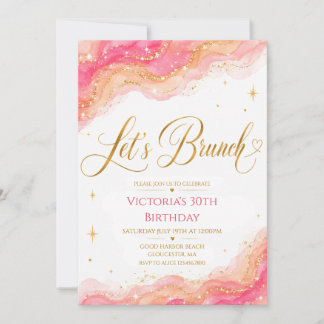 Pink Peach Watercolor Gold Glitter Let's Brunch Bi Invitation