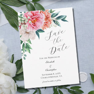 Pink Peach White Floral Peony Elegant Wedding Save The Date