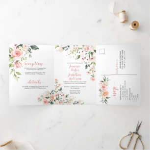 Pink, Peach, White Watercolor Floral Wedding Tri-Fold Invitation
