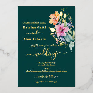 Pink Peach Yellow Blooms Foil Invitation
