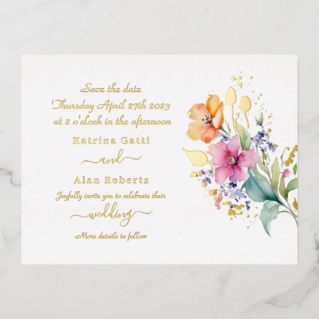 Pink Peach Yellow Blooms Save The Date Foil Card (Front)