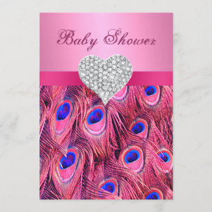 Pink Peacock Diamond Heart Baby Shower Invitation
