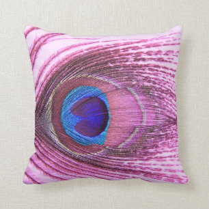 Pink peacock feather heart throw pillow