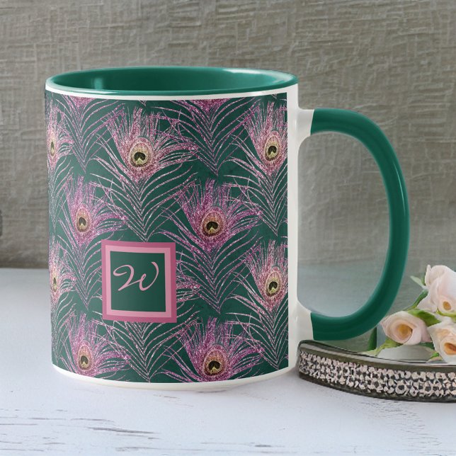 Pink Peacock Feathers and Monogram on Deep Green Mug (Creator Uploaded)
