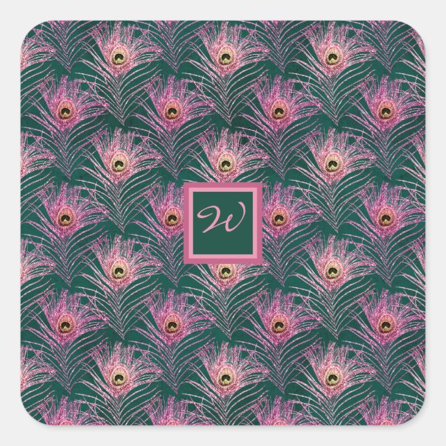 Pink Peacock Feathers and Monogram on Deep Green Square Sticker (Front)