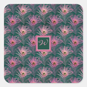 Pink Peacock Feathers and Monogram on Deep Green Square Sticker