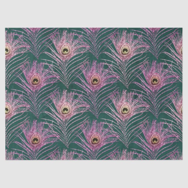 Pink Peacock Feathers on Green Decoupage Tissue Paper (Front)