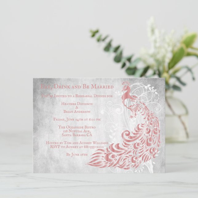 Pink Peacock Leaf Vine Rehearsal Dinner Invite (Standing Front)