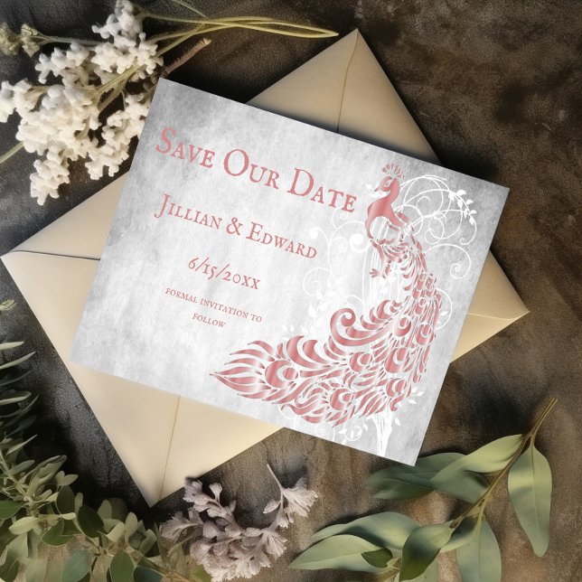 Pink Peacock Leaf Vine Save The Date Announcement (Pink Peacock Leaf Vine Save the Date)