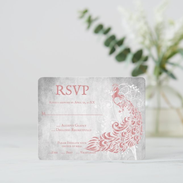 Pink Peacock Leaf Vine Wedding Carte RSVP (Debout devant)