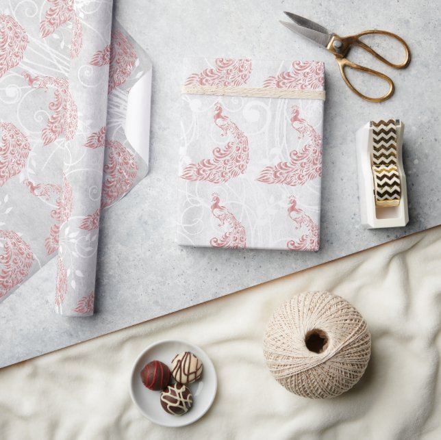 Pink Peacock Leaf Vine Wedding Wrapping Paper (Crafts)