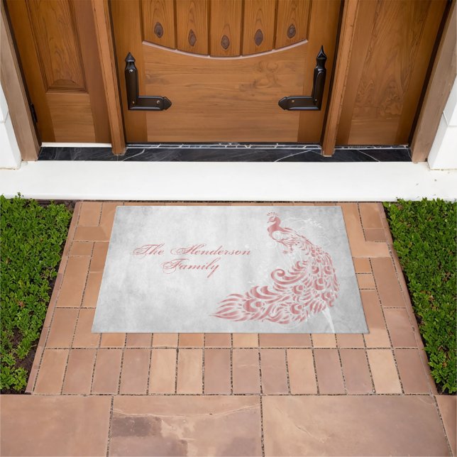 Pink Peacock Personalized Door Mat (Outdoor)
