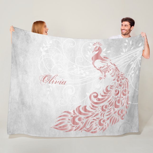 Pink Peacock Personalized Fleece Blanket (In Situ)