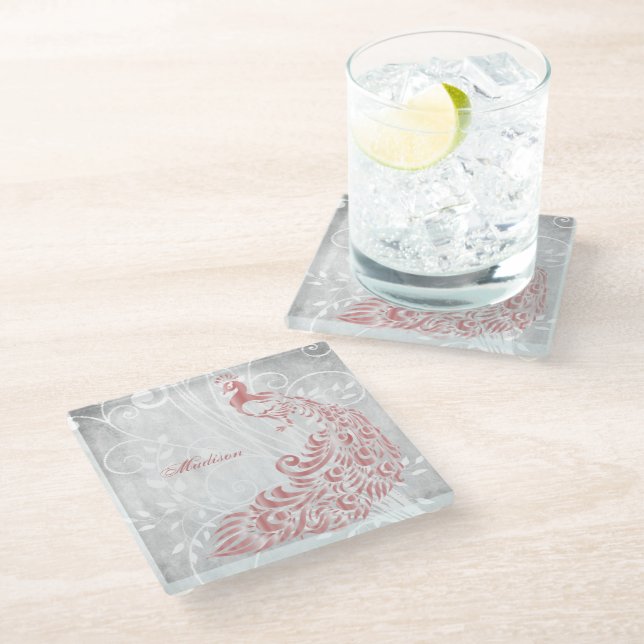 Pink Peacock Personalized Glass Coaster (Angled)