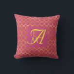 Pink Peacock Quatrefoil MONOGRAM Gold Wedding Throw Pillow<br><div class="desc">Add the bride and grooms first name initials (small letters) and their joint married surname initial (large letter) to create a stylish monogram gift for the newlywed couple. The colour here is pink peacock with gold lettering,  calligraphy style. The pattern is a classic quatrefoil,  Moroccan style design.</div>