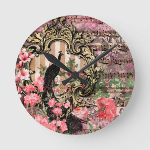Pink Peacocks Peacock French Acrylic Wall Clock