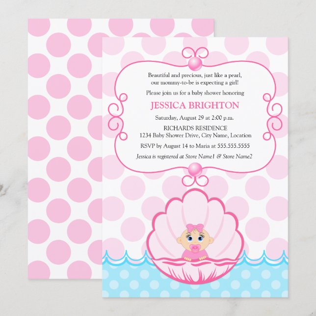 Pink Pearl Baby Girl Shower Invitation (Front/Back)