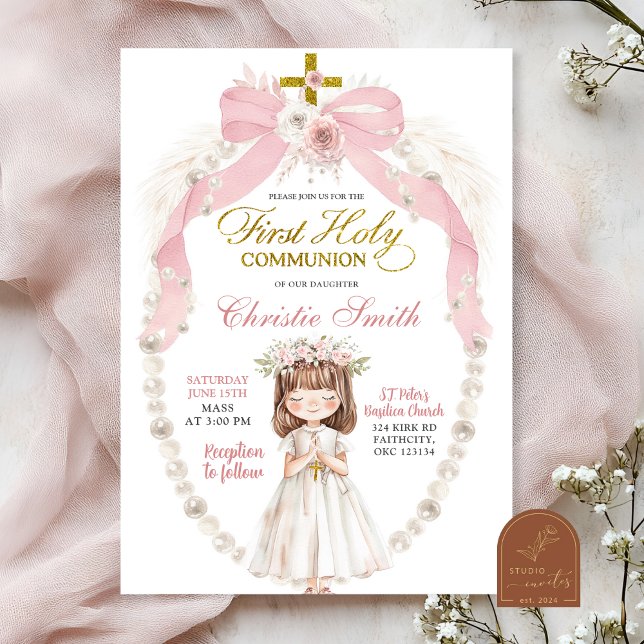 Pink Pearl Bow Coquette Girl First Holy Communion Invitation (Creator Uploaded)