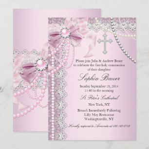 Pink Pearl Bow Cross Holy Communion or Baptism Invitation
