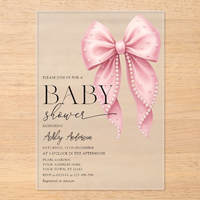 Pink Pearl Bow Girl Baby Shower Acrylic Invitations (Front)
