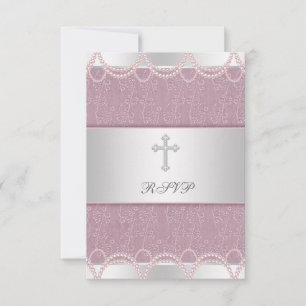 Pink Pearl Cross Baby Girl Baptism Christening RSV RSVP Card