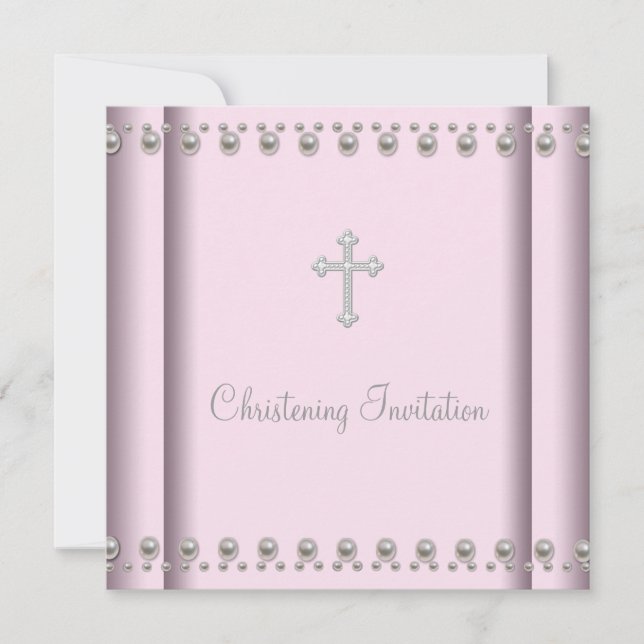 Pink Pearl Cross Baby Girl Christening Invitation (Front)