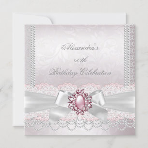 Pink Pearl Lace Damask White Bow Party Invitation